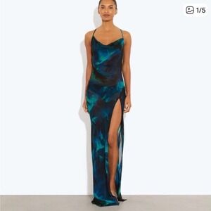 Rat & Boa Rafhina Maxi Dress Blue Green Abstract Cowl Neck Open Back X High Slit